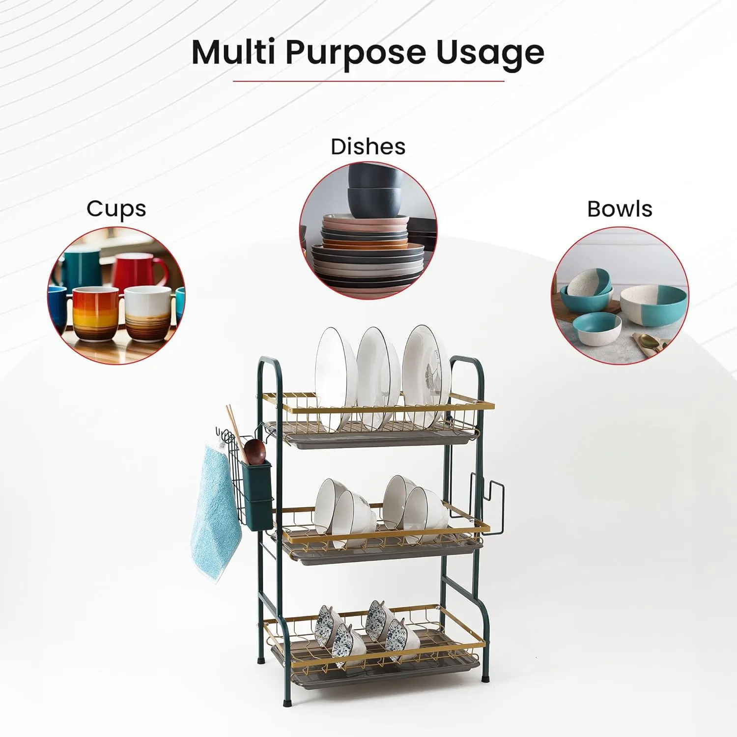 Kuber Industries 3-Layer Dish Drying Rack|Storage Rack for Kitchen Counter|Drainboard & Cutting Board Holder|Premium Utensils Basket Pack of 6 (Dark Green & Gold)