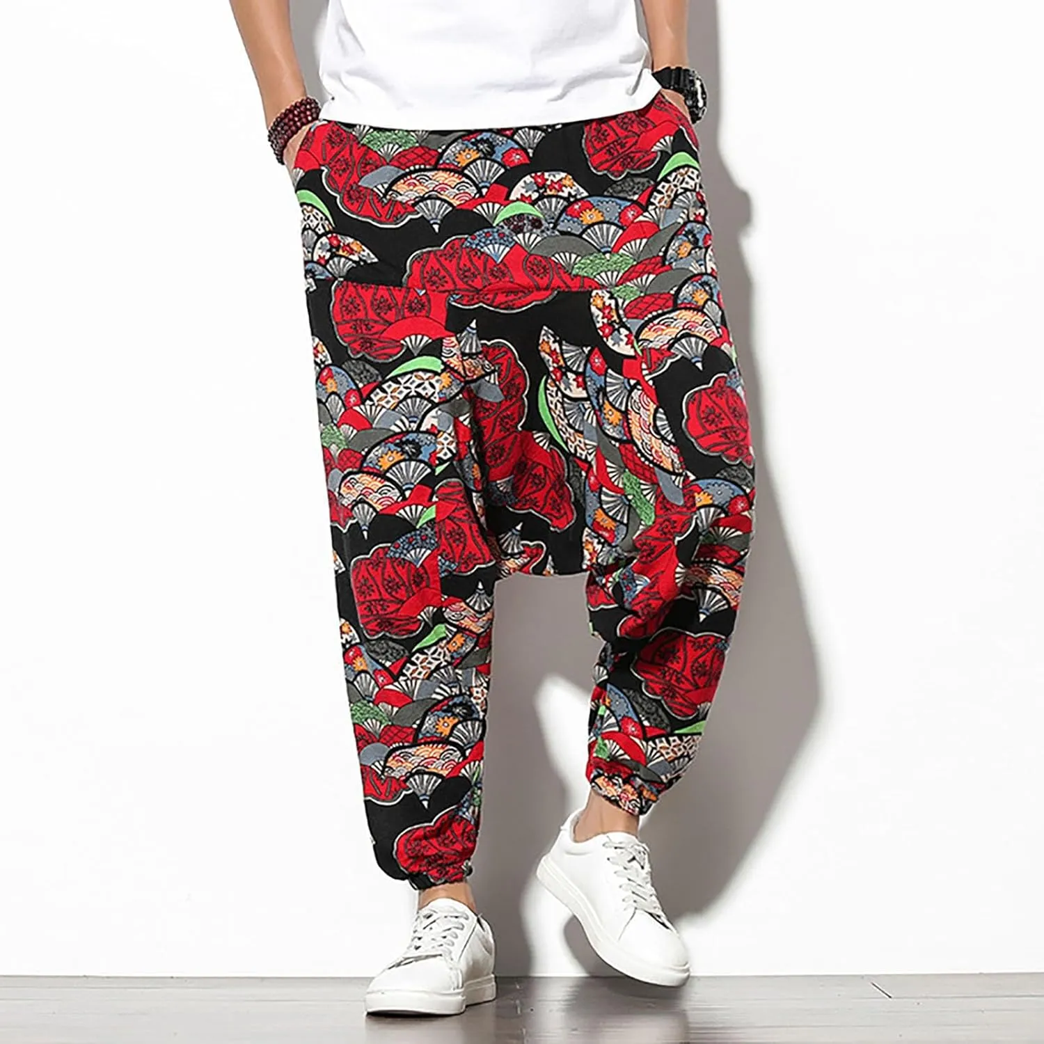Mens Linen Cotton Chinese Dragon Pattern Harem Pants Big and Tall Elastic Waist Wide Leg Trousers Drop Crotch Hippie Pants