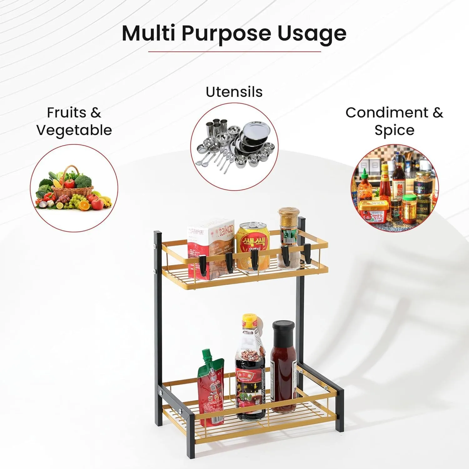 Plantex 2-Layer Dish Drying Rack|Storage Rack for Kitchen Counter|Drainboard & Cutting Board Holder|Premium Utensils Basket (Gold & Black)