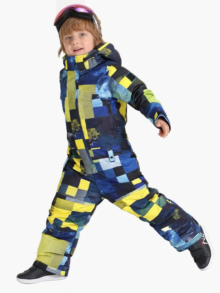 Yellow Plaid Kids Waterproof Winter One Piece Snowboard Suit